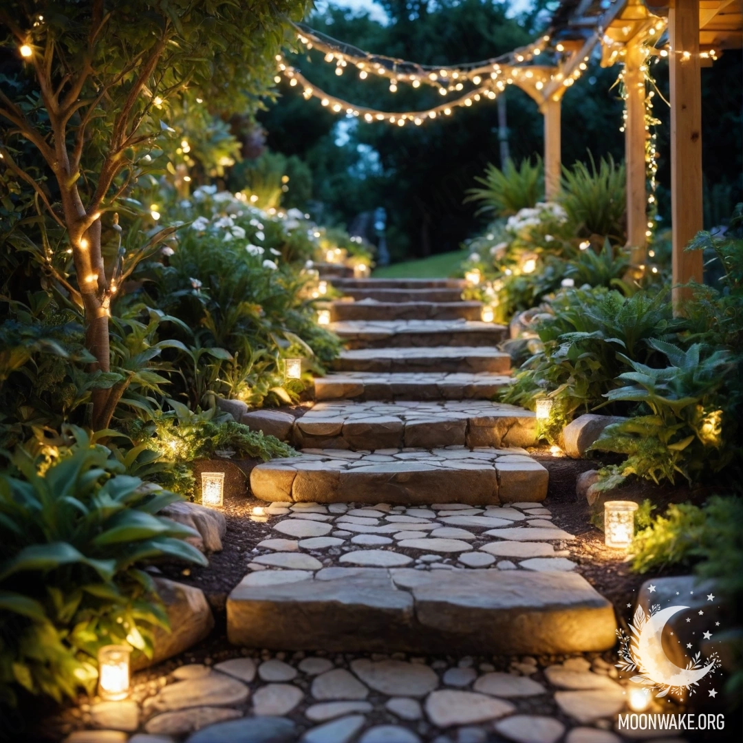 A serene garden path made of stones, adorned with light garlands along a wooden staircase.