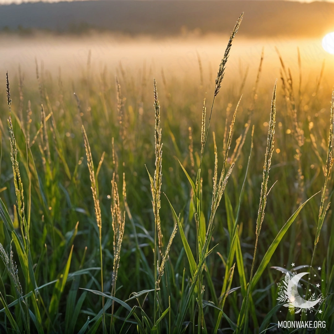 Cozy Grass Field at Sunset Close-up view of grass in a foggy field during sunset.
