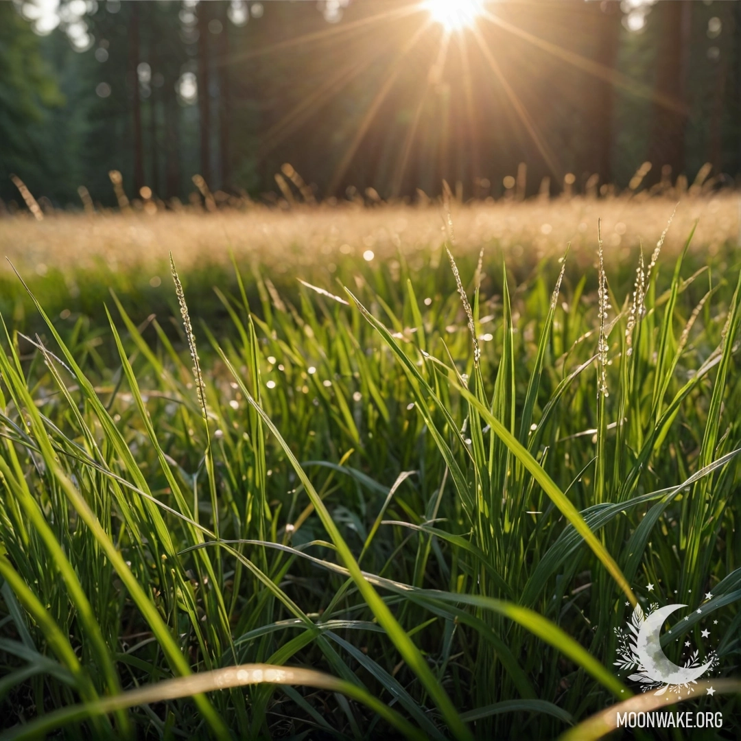 Close-up of grass in a cozy field with a bokeh forest in the background and sun rays peeking through at night.