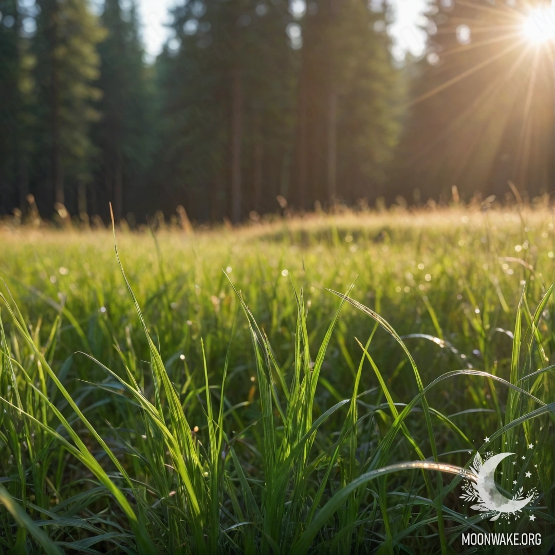 Close-up of grass field with a blurry forest background and lens flares.