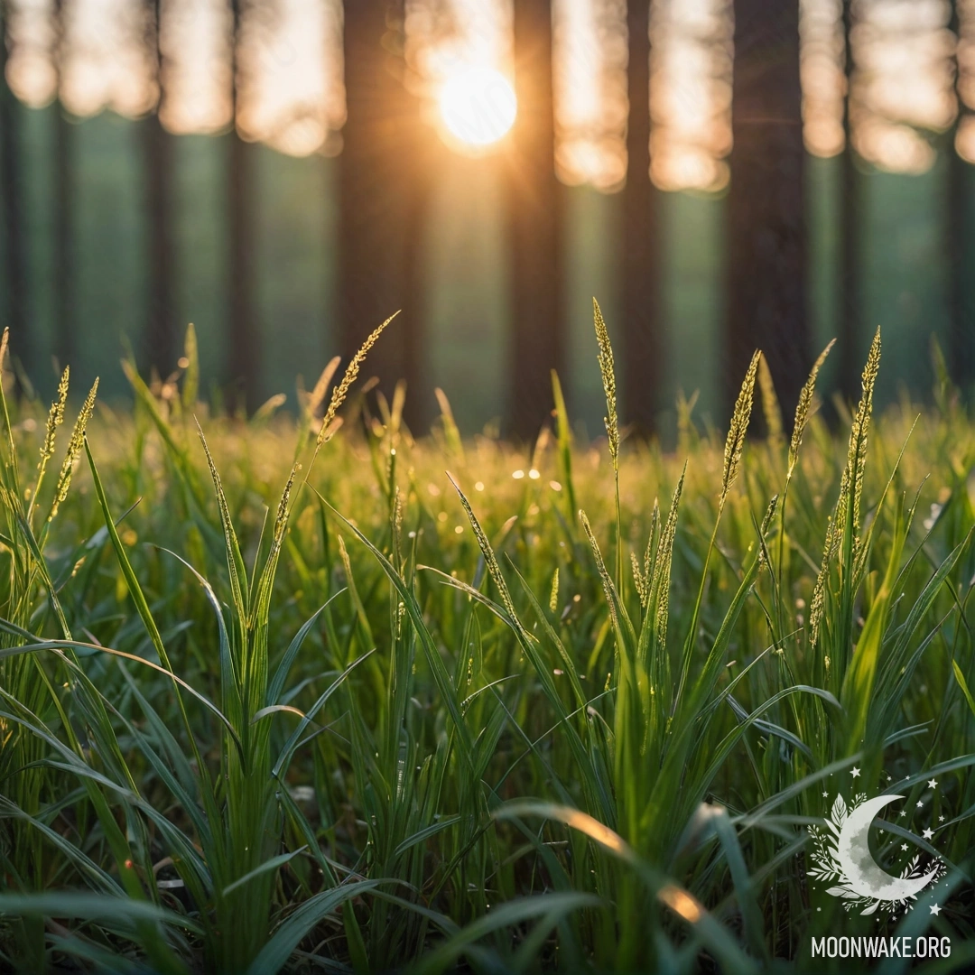Close-up of grass in a cozy field with a blurred forest background and lens flares.