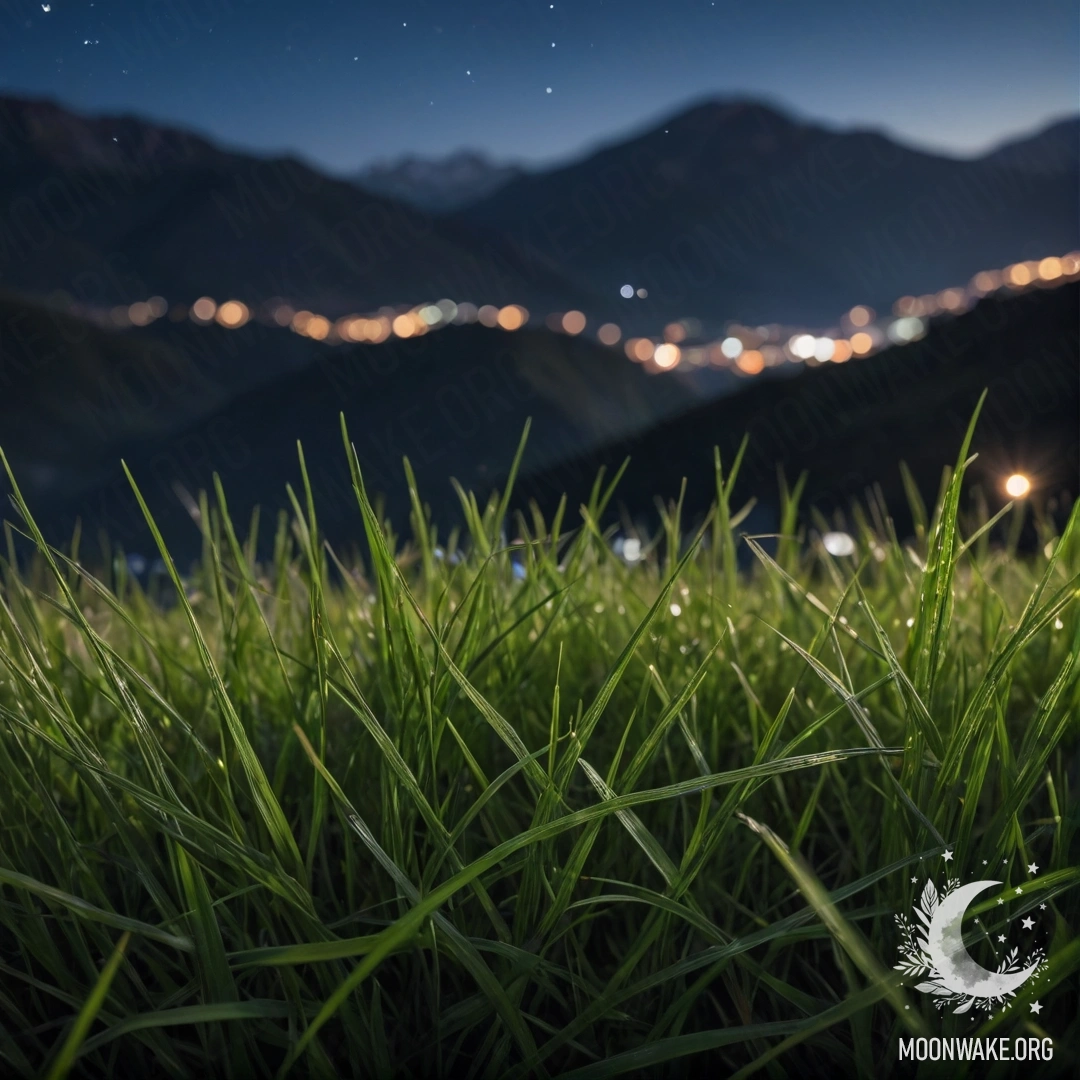 Cozy Grass Field Against Bokeh Mountains at Night Close-up of grass in a cozy field with blurred mountains background at night.
