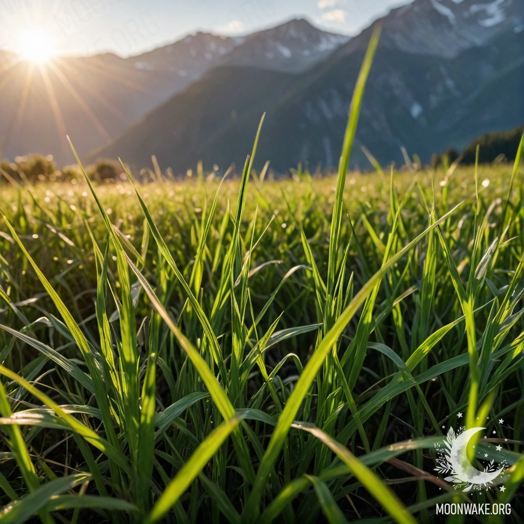 Close-up of grass in a cozy field with mountains blurred in the background and sun rays illuminating the scene.