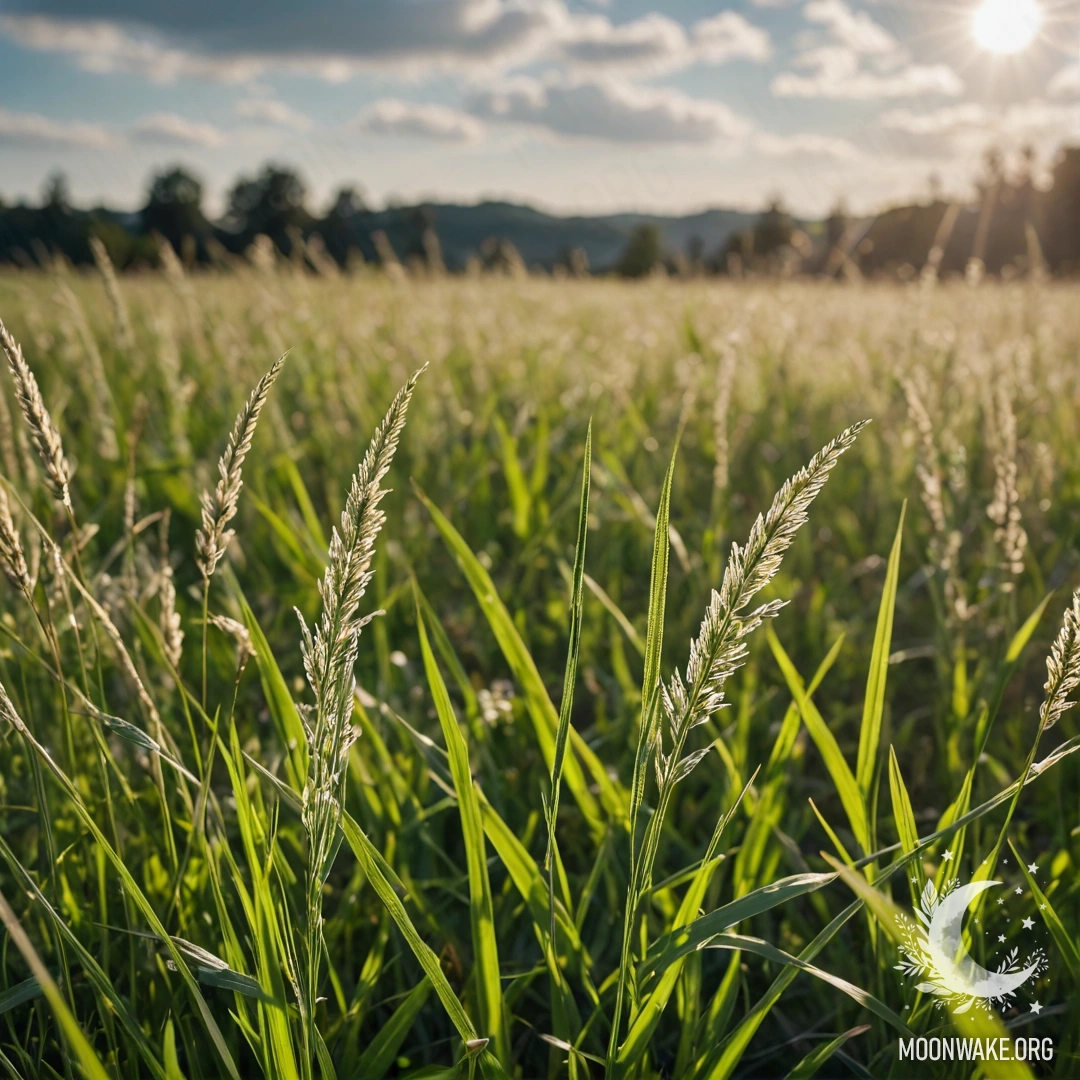 A close-up of grass in a sunny field against a blurred sky with clouds.