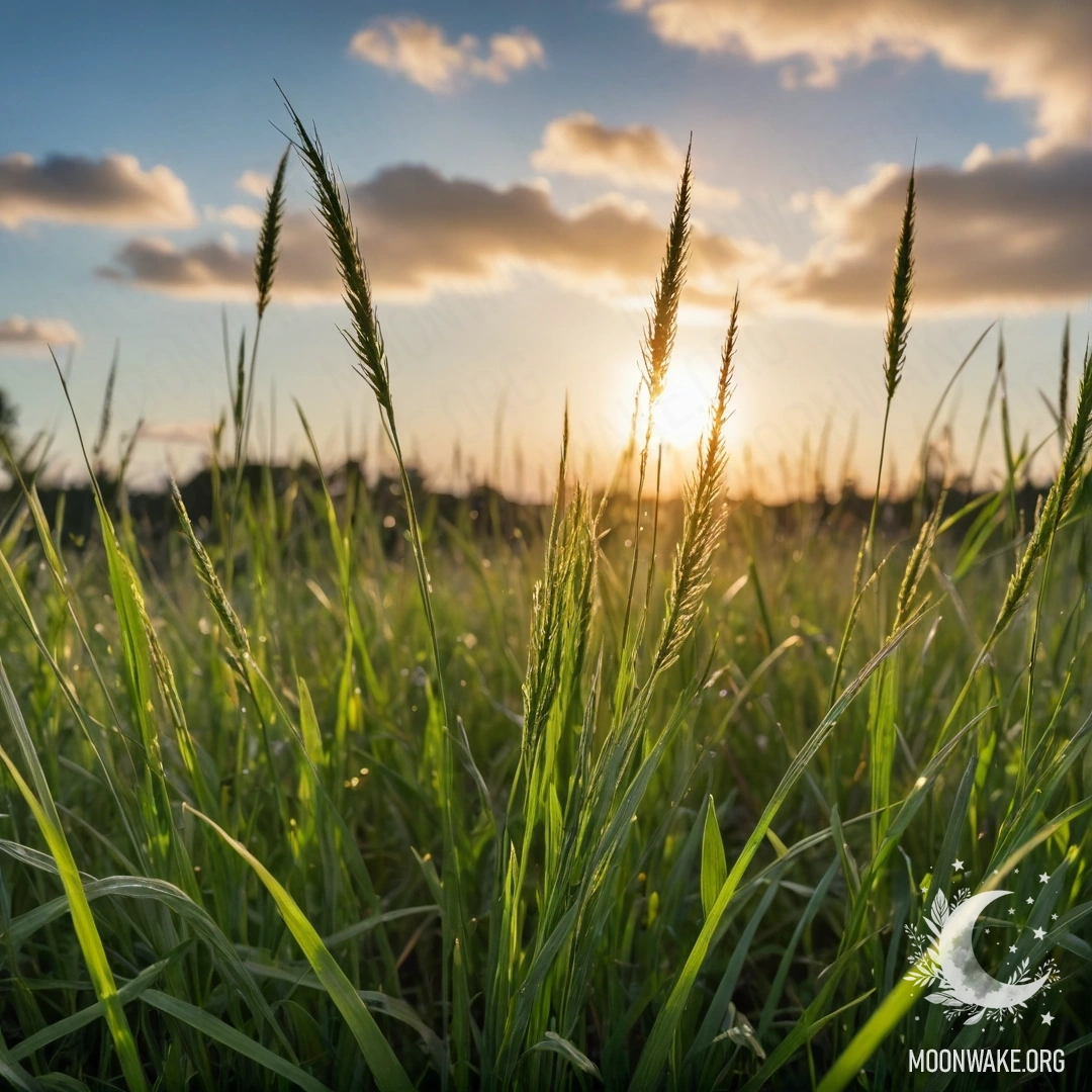 Close-up of grass in a cozy field with a dreamy bokeh sky