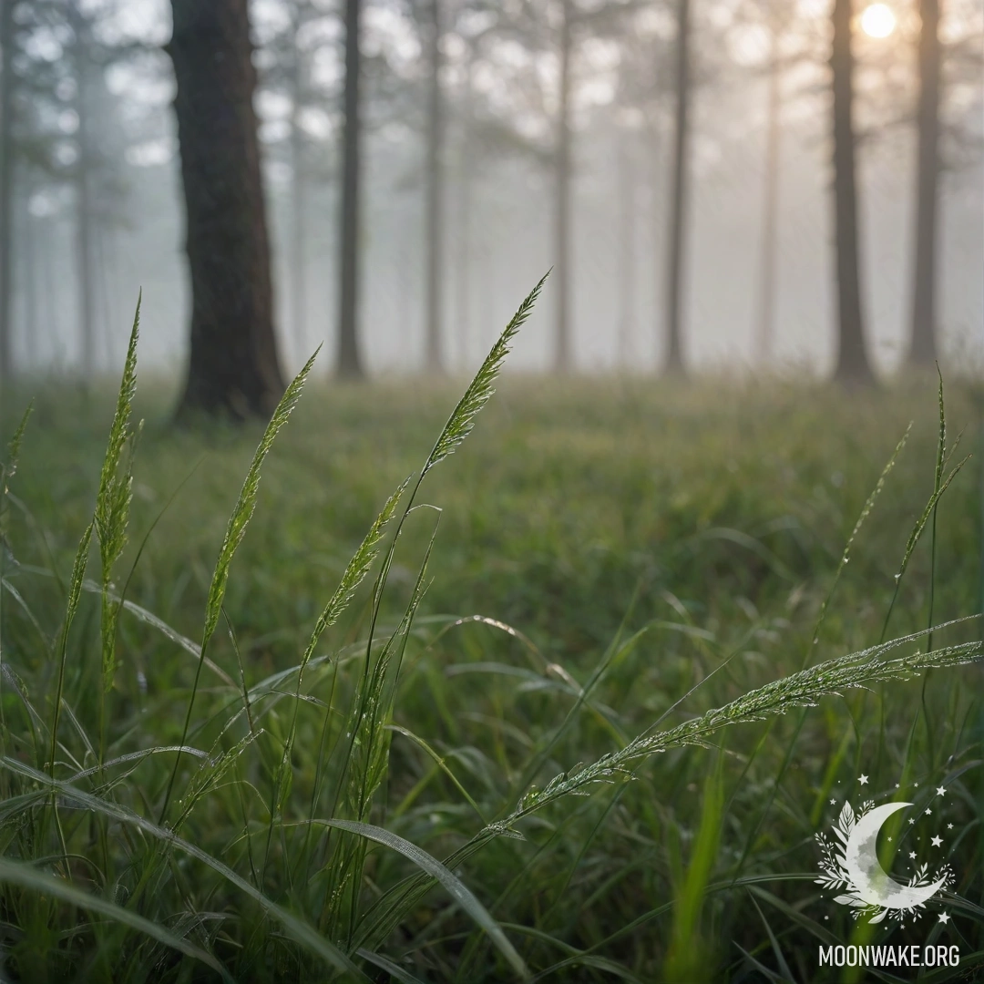 Close-up of grass in a foggy forest with a blurred background.