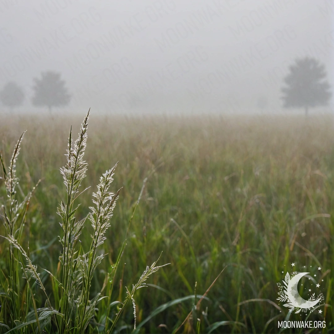 Cozy Grass Field in Misty Bokeh Sky Close-up of grass in a field with a blurred sky and clouds in fog.