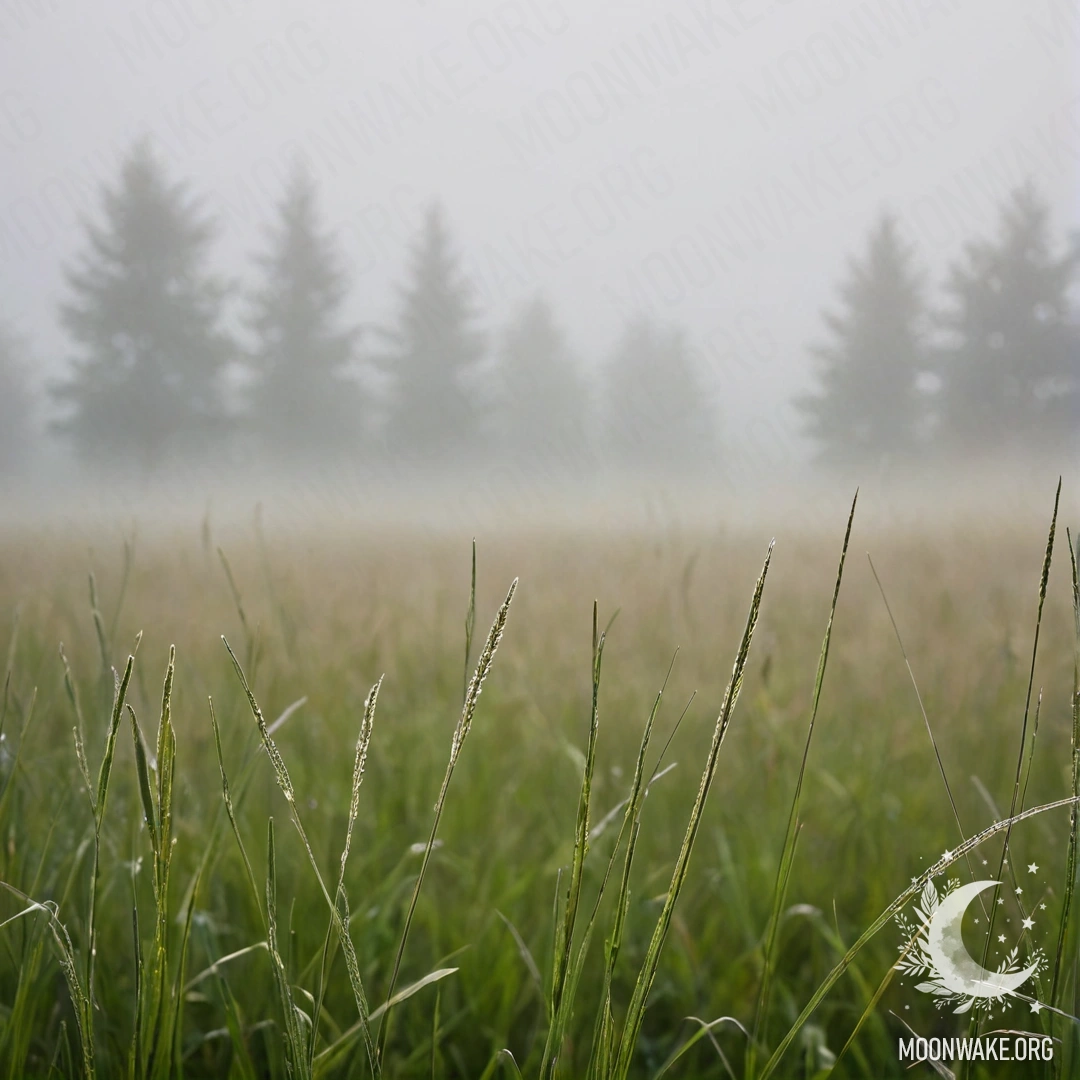 Close-up of grass field against a blurred sky in heavy fog.