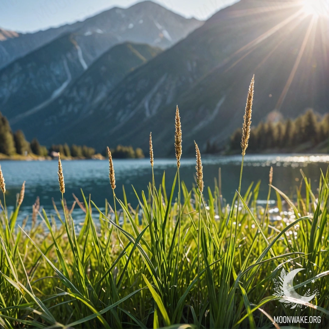 Cozy Grass Field with Mountain Lake Bliss Close-up view of grass in a cozy field with blurred mountain lake in the background on a sunny day.