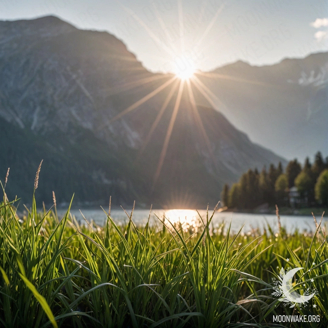 Close-up of grass in a field, with blurred mountain lake and sun rays in the background.