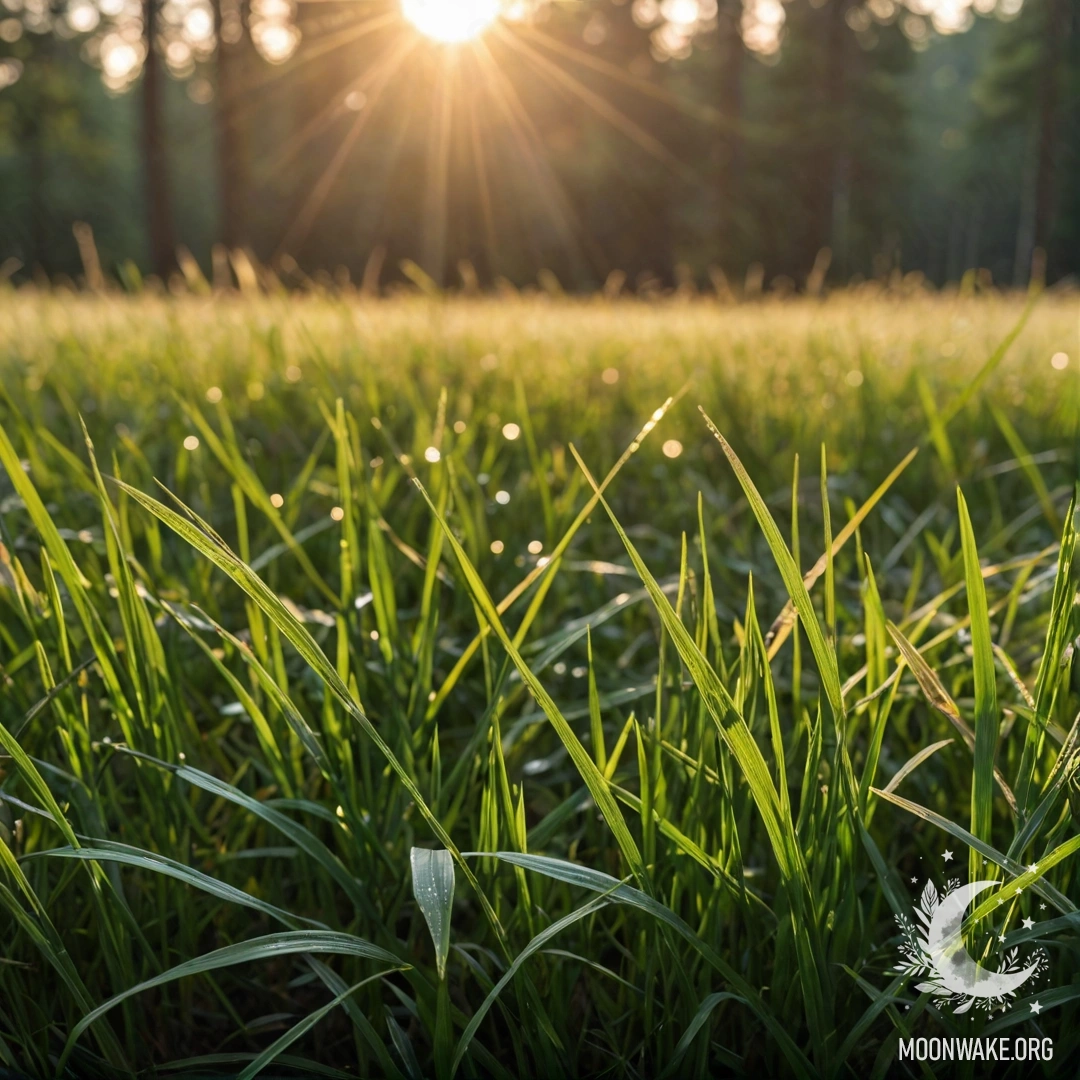 Cozy Grass Field at Night with Sun Rays Close-up of grass in a field against a blurred forest background with sun rays filtering through at night.