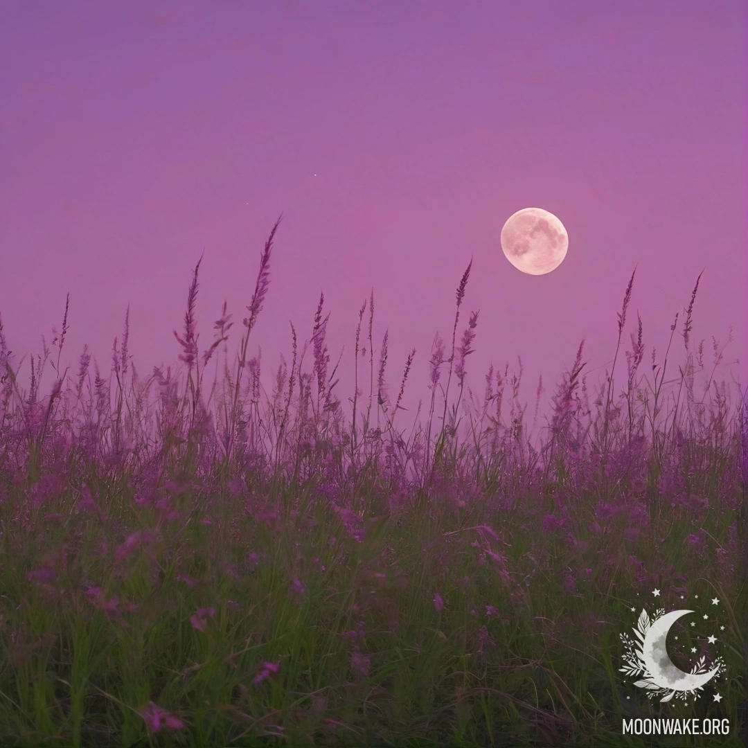 Close-up of grass in a cozy field with a pink violet sky and the moon