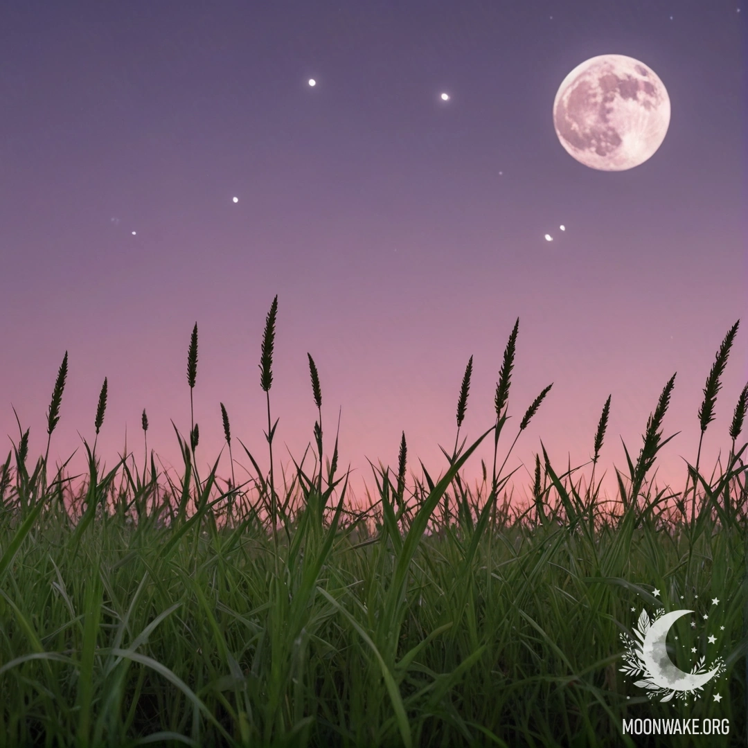 A close-up view of a cozy grass field under a pink violet sky with the moon.