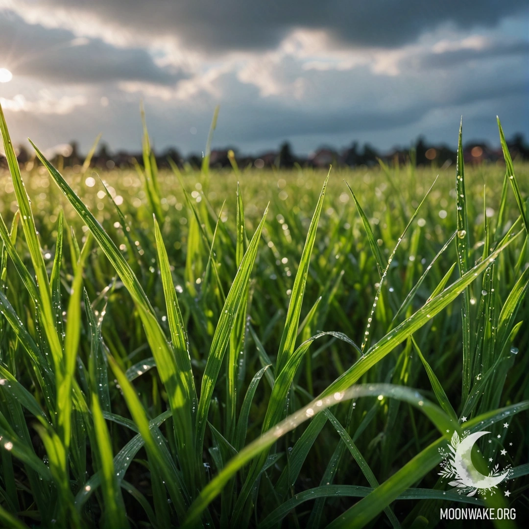 A close-up of grass in a cozy field, with a bokeh sky and clouds under the rain.