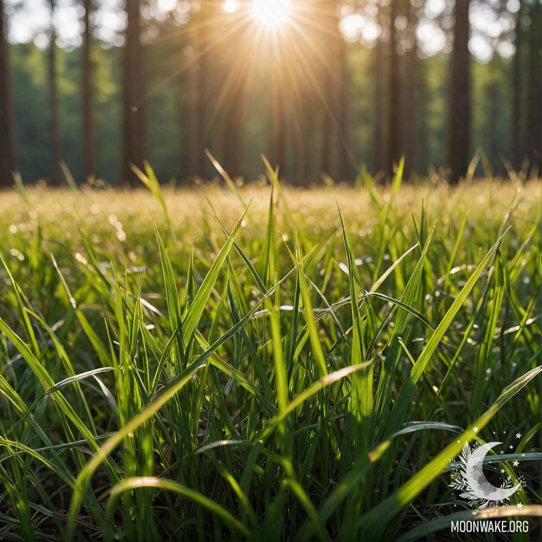 Close-up of grass in a cozy field with soft bokeh effects of a forest and gentle sun rays filtering through the leaves.