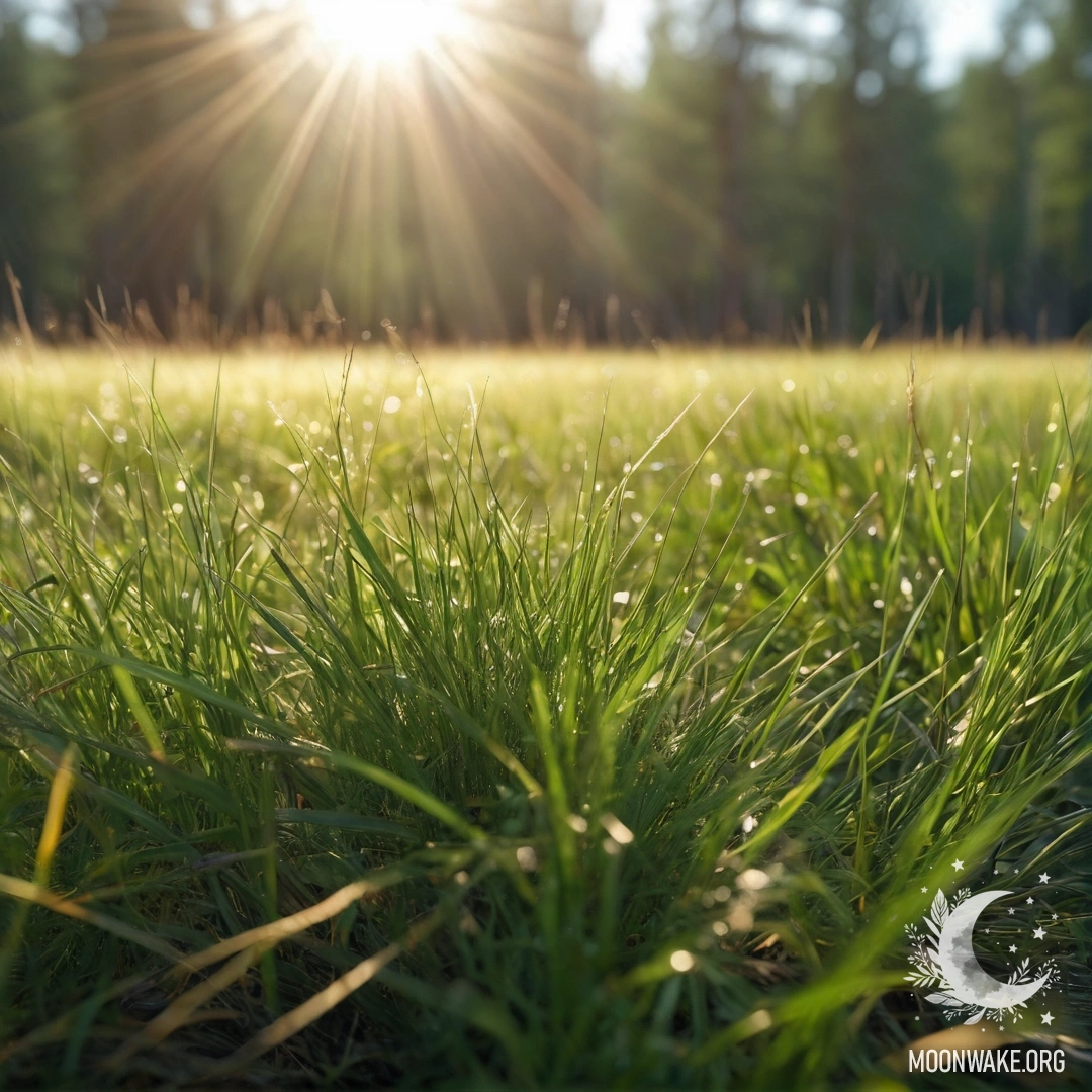 Close-up of grass in a cozy field against a blurred forest background with sun rays and lens flares.