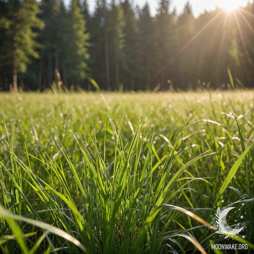 A close-up view of a cozy grass field with bokeh background of a sunlit forest.