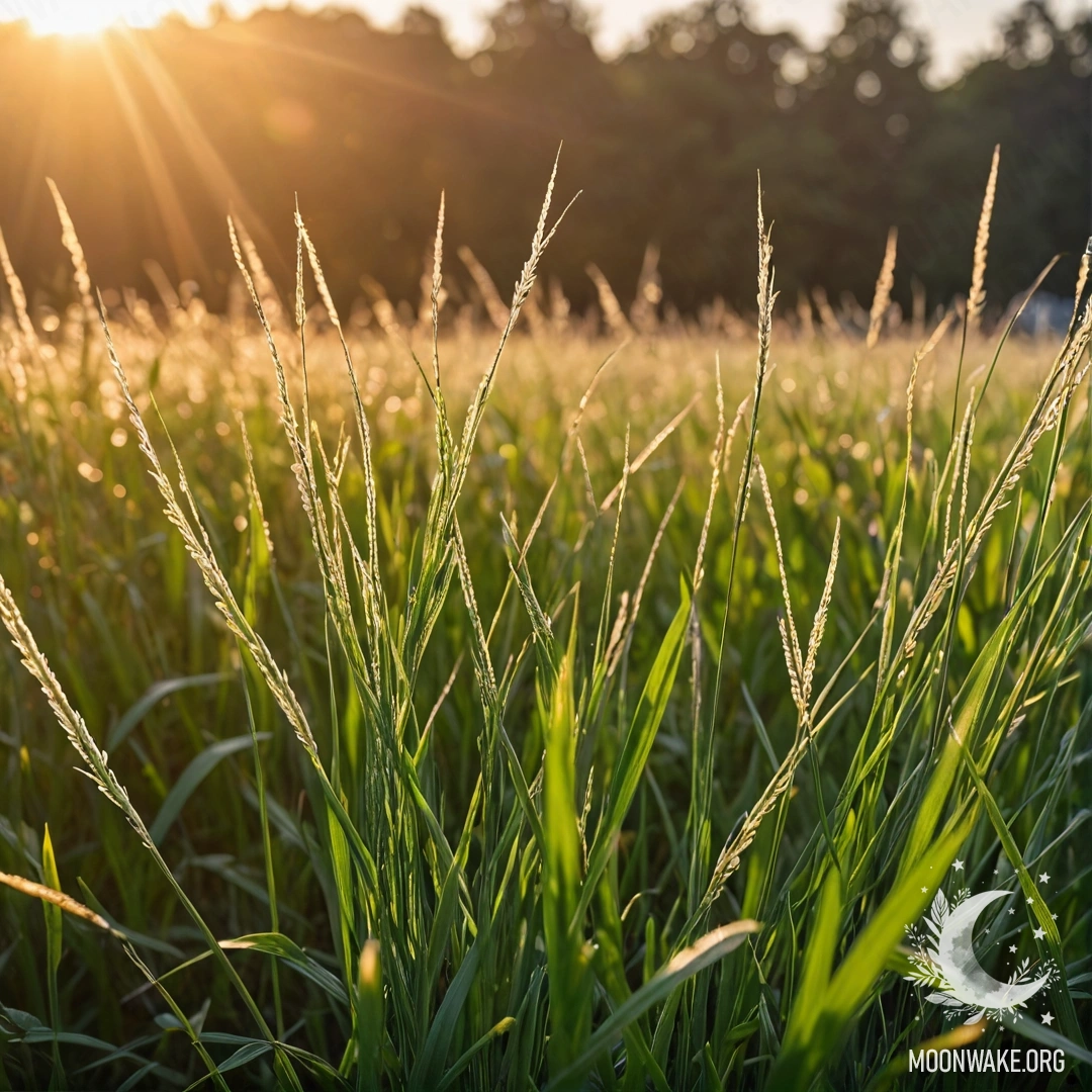 Close-up view of lush grass in a field with a bokeh sunset background.