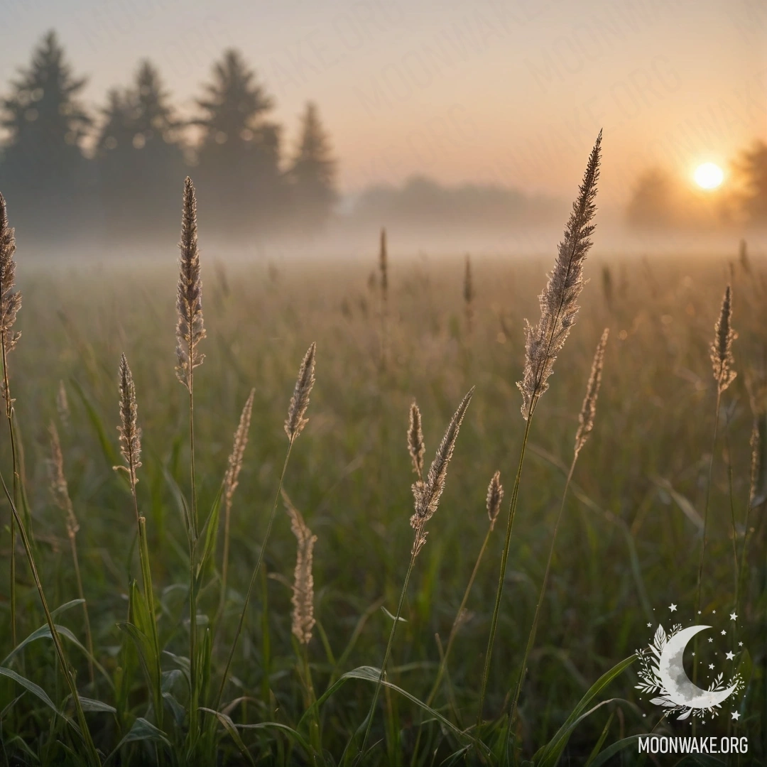 Cozy Grass Field at Sunset A close-up view of grass in a field, illuminated by a sunset and surrounded by dense mist and fog.