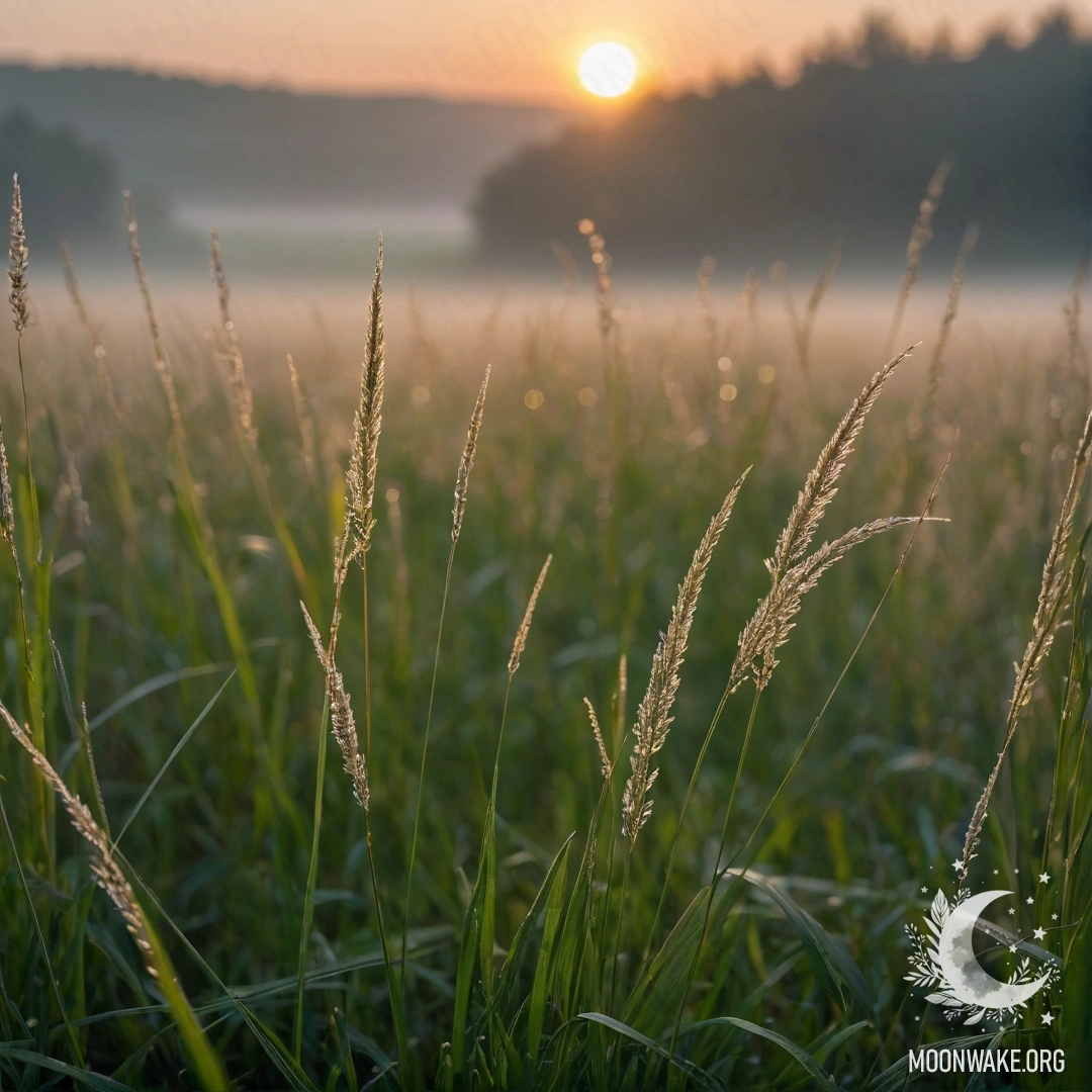 Cozy Grass Field at Sunset Close-up of grass in a cozy field with bokeh and fog during sunset.