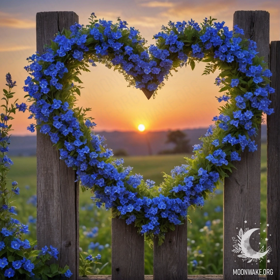 A close-up of an old wooden fence with a heart-shaped wreath of blue flowers hanging on it during sunset.