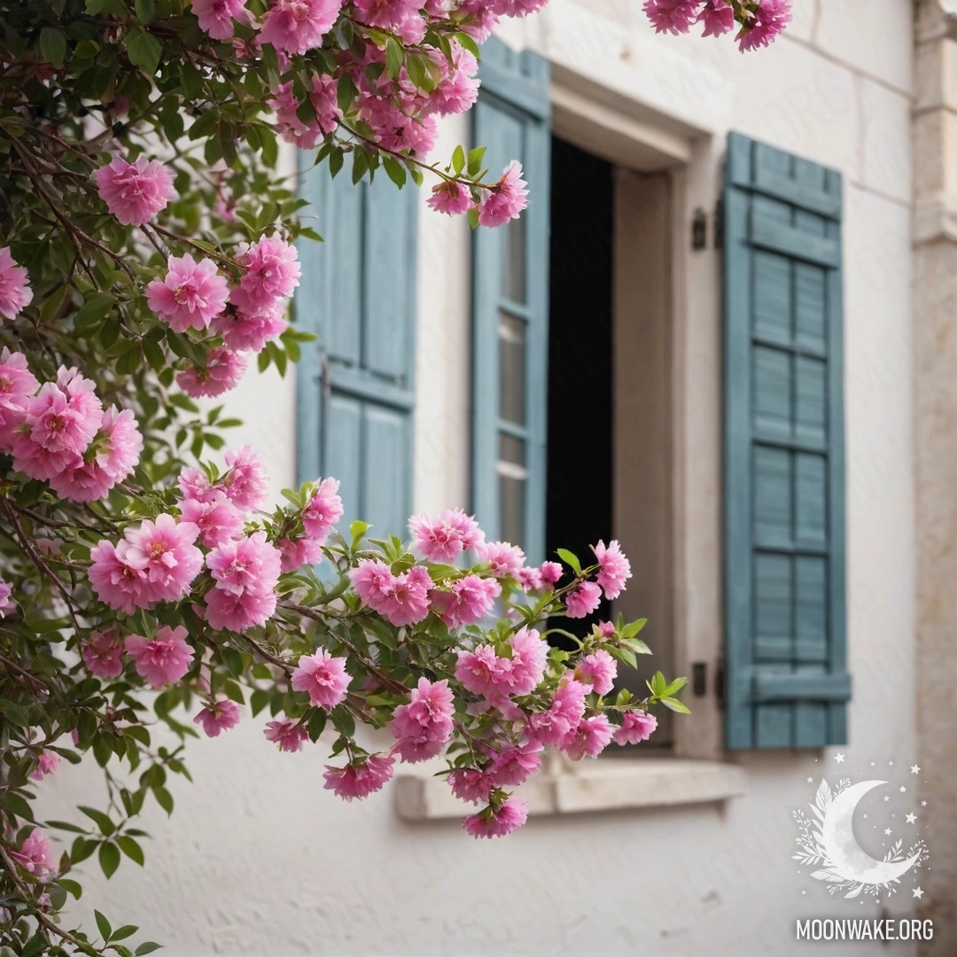 A cozy branch adorned with pink flowers against a white wall of an Italian house, featuring windows and shutters, illuminated by bokeh lights.