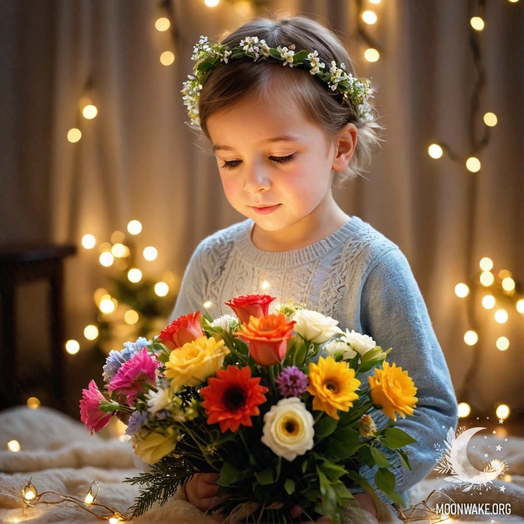 A young child smelling a bouquet of colorful flowers adorned with garland lights.