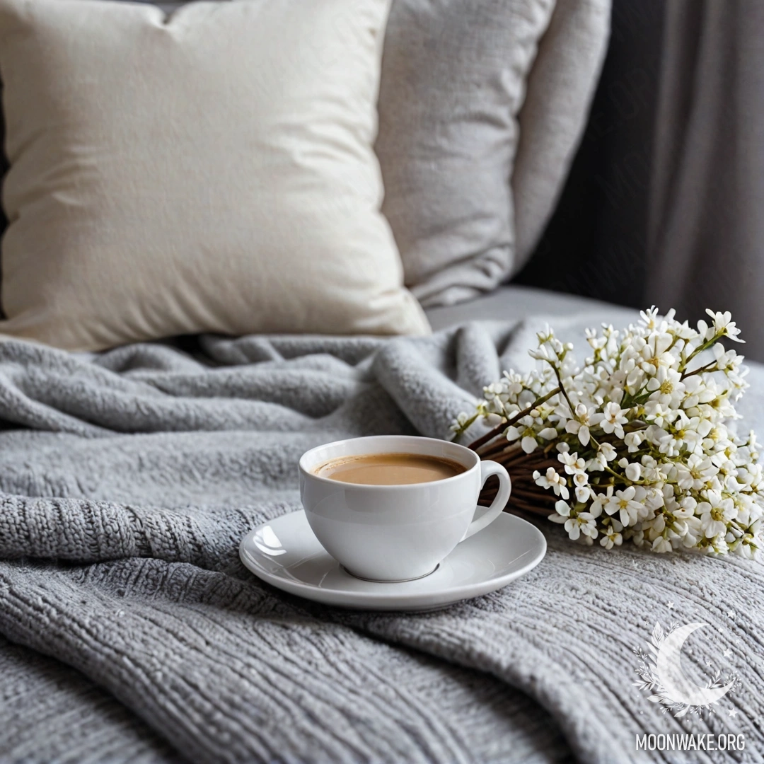 A close-up of a white chair with a gray knitted blanket, a book, a branch with white flowers, and a white cup of coffee.
