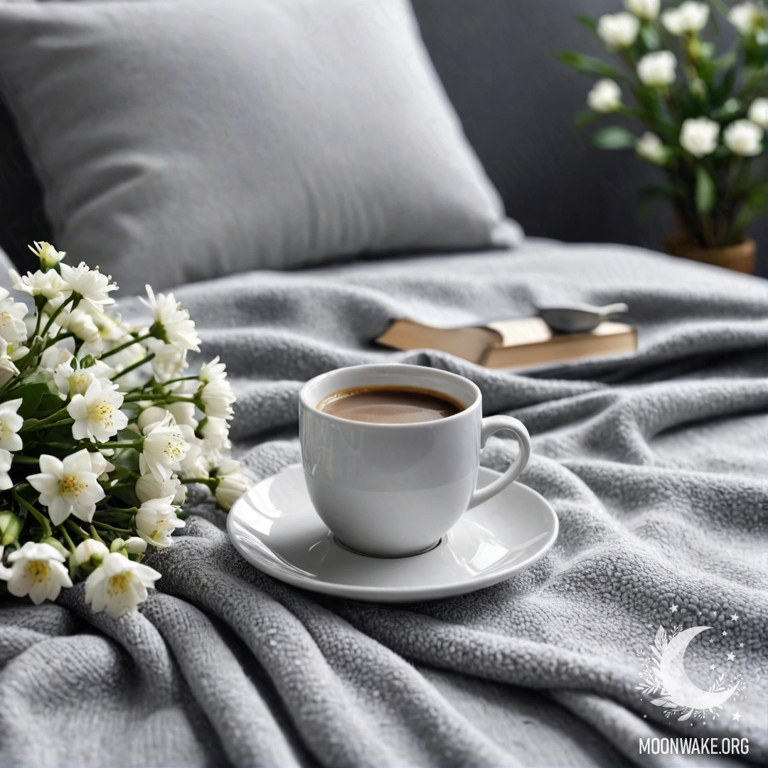 A close-up of a white chair with a gray knitted blanket, a book, white flowers, and a cup of coffee, all under the rain.