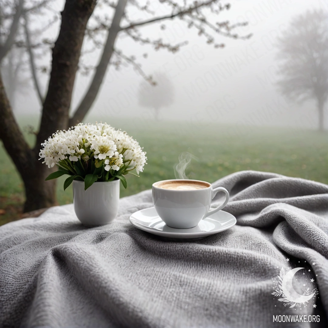 Cozy Moments in the Mist A close-up of a sweet white chair with a gray knitted blanket, a book, a branch with white flowers, and a white cup of coffee, surrounded by dense mist.