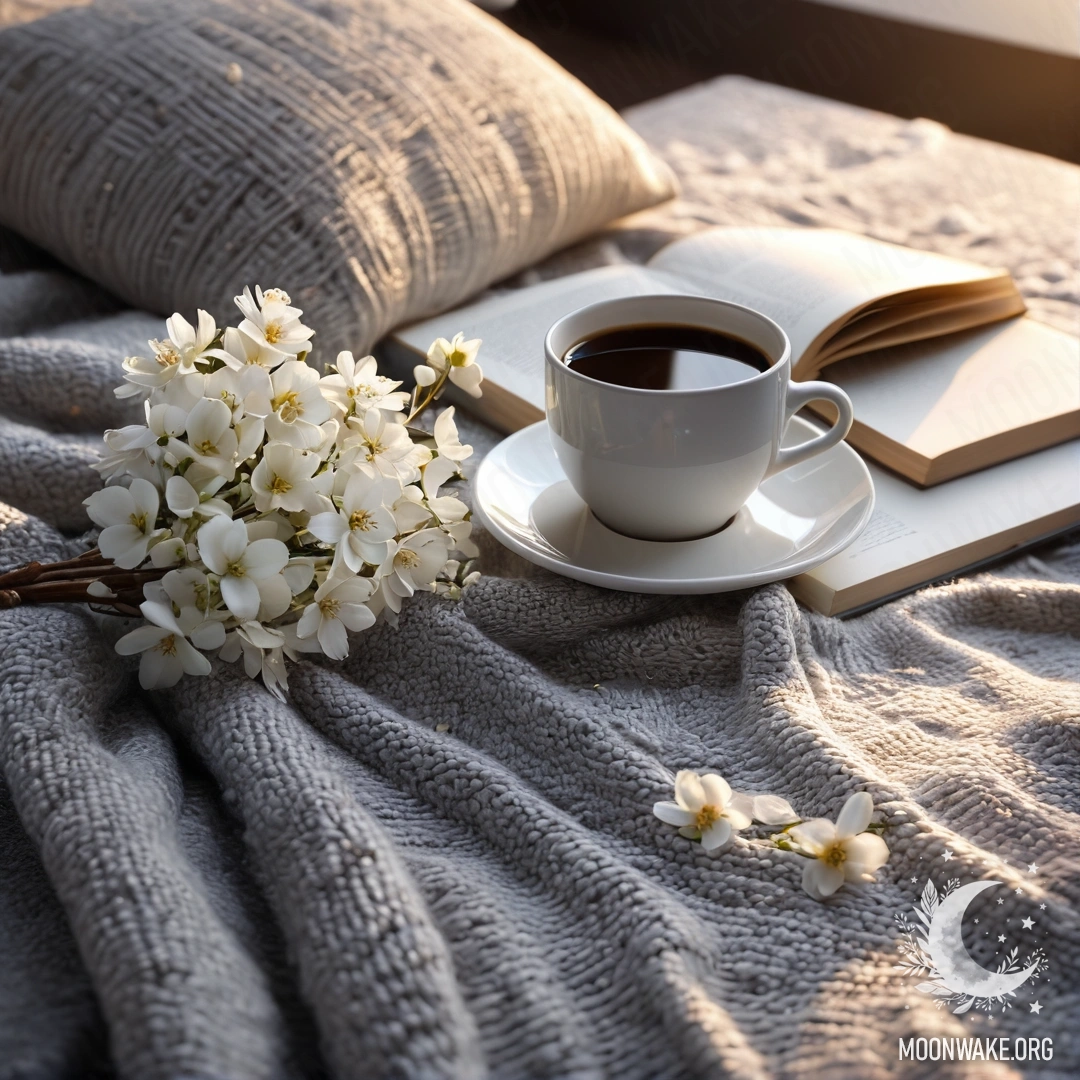 A serene close-up of a white chair adorned with a gray knitted blanket, a book, a branch with white flowers, and a white cup of coffee, all bathed in the warm glow of sunset.