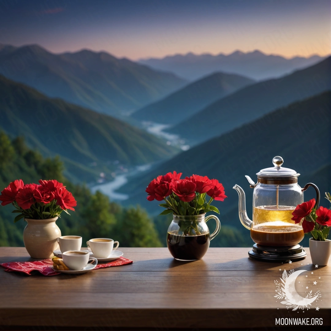 A wooden table with a jar of red flowers, a coffee pot, and cups, set against a mountain backdrop at night.