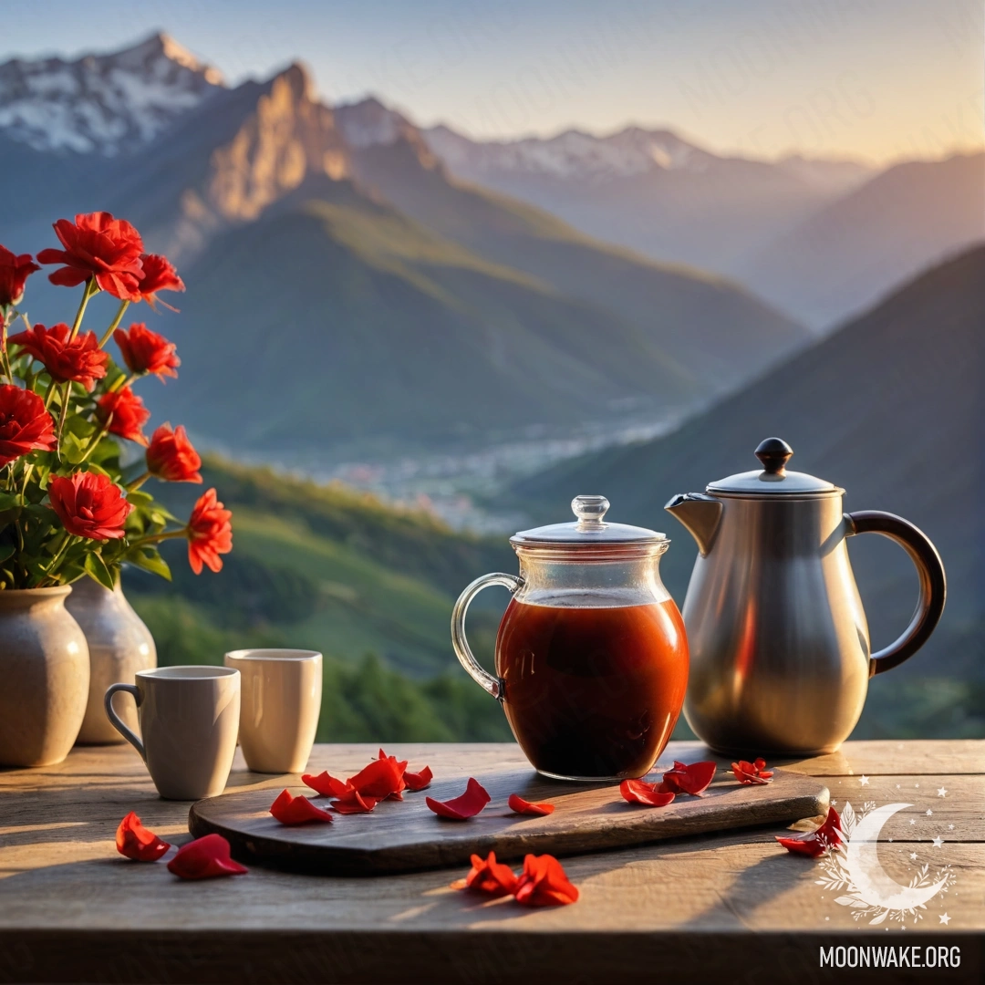 Cozy Mountain Table at Sunset An abstract wooden table set against majestic mountains, featuring a jar of red flowers, a coffee pot, and cups at sunset.