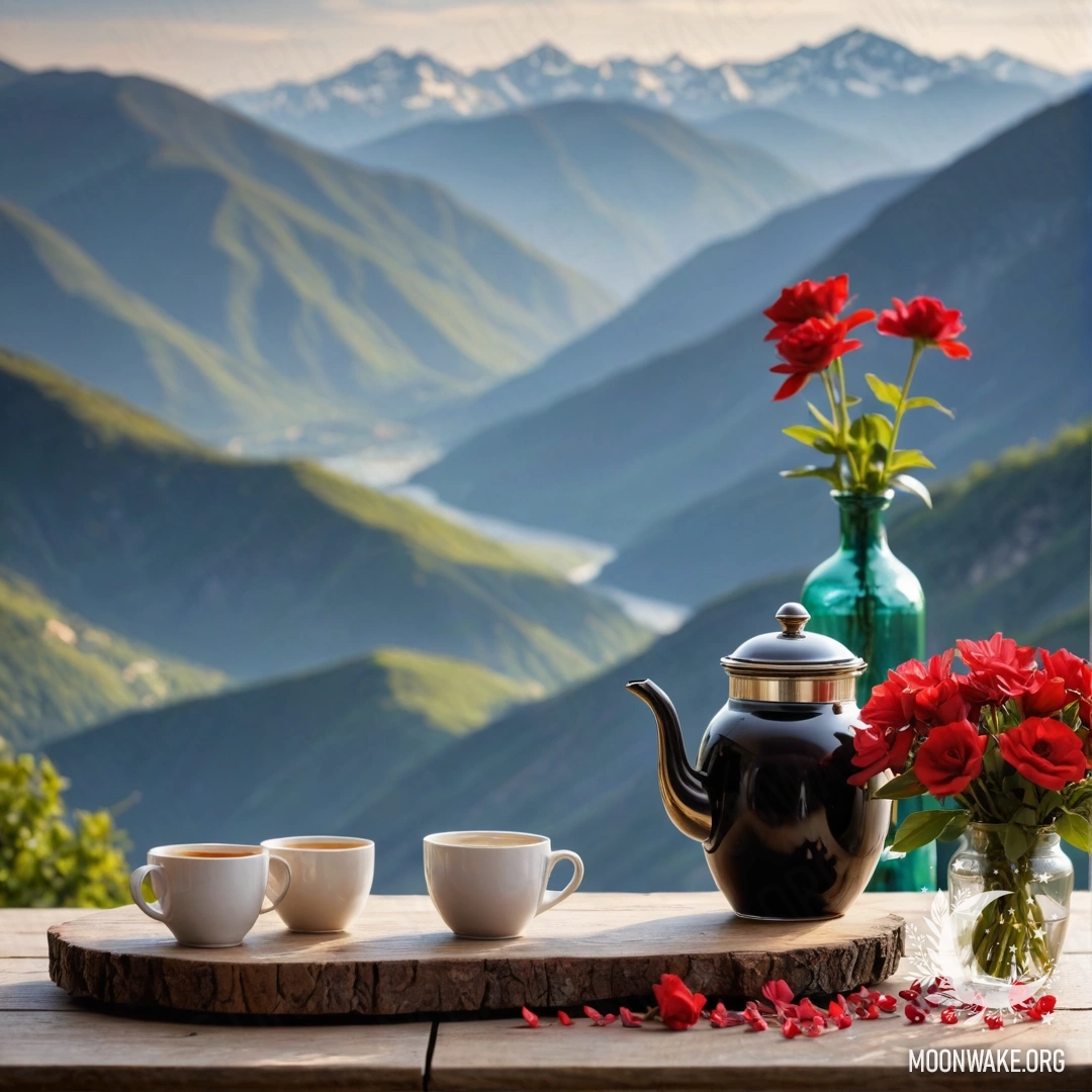 Abstract wooden table with a jar of red flowers, coffee pot, and cups, set against a mountain background illuminated by warm garland lights.