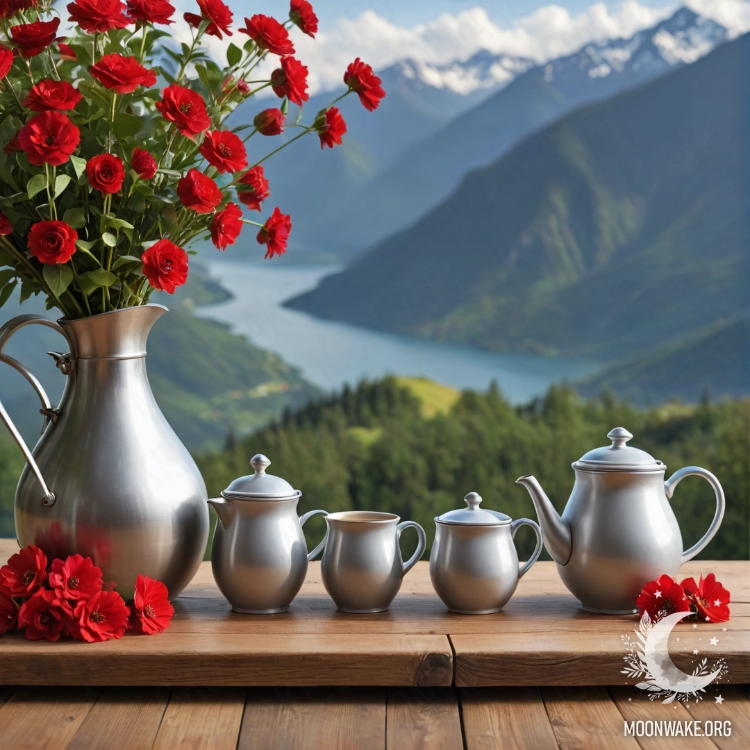 A wooden table set against mountains, featuring a jar of red flowers, a coffee pot, and cups adorned with delicate garland lights.