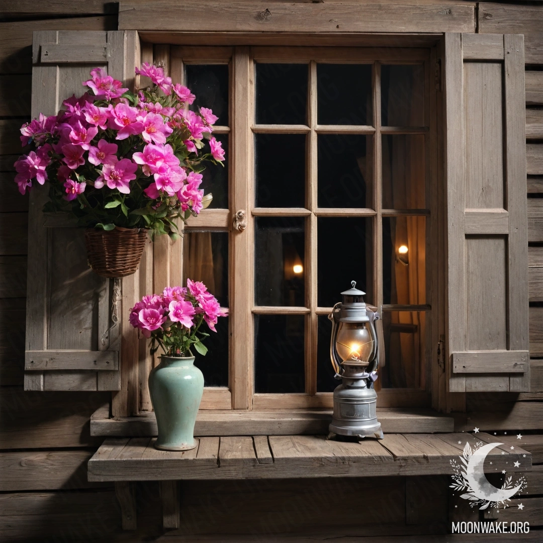 Cozy Night by the Shabby Window A shabby wooden window with shutters, decorated with pink flowers and illuminated by a kerosene lamp at night.