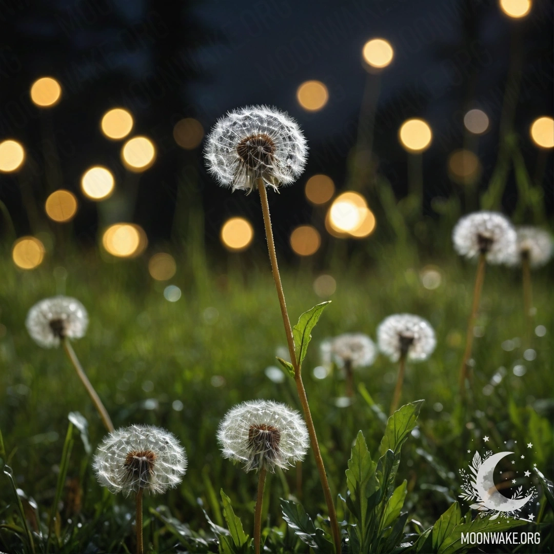 Cozy Night Field of Dandelions A close-up view of dandelions in a cozy field with a blurred forest background at night.