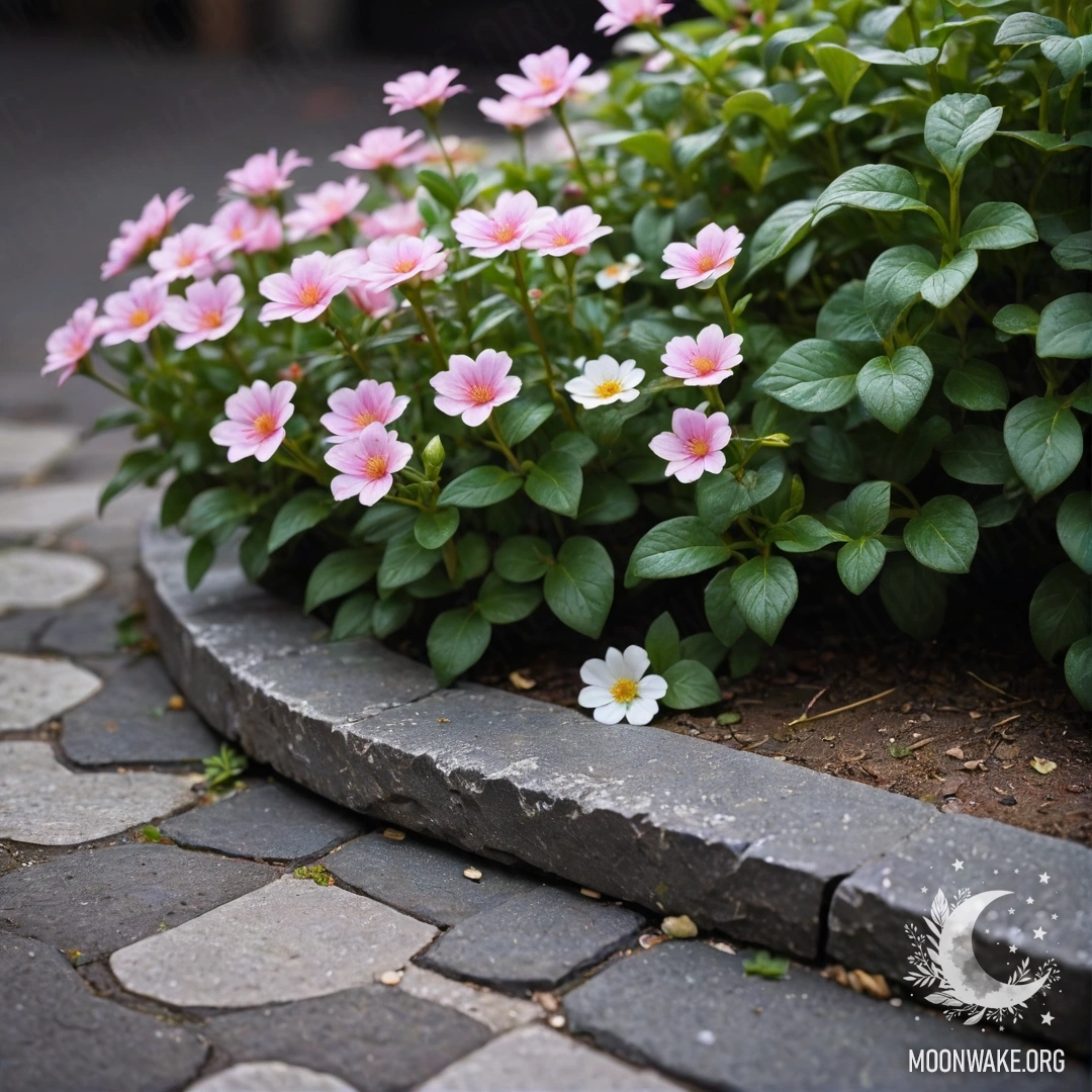 Cozy Night Flowers by a Stone Curb A shabby stone curb with small white and pink flowers growing at night.