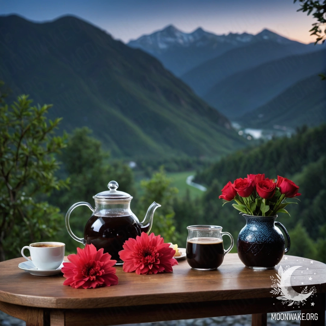 A wooden table with a jar of red flowers, a coffee pot, and cups against a mountain background at night.