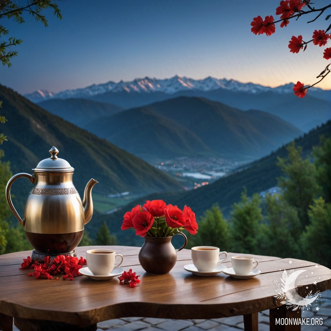 A wooden table with a jar of red flowers and a coffee pot against mountain backdrop at night.