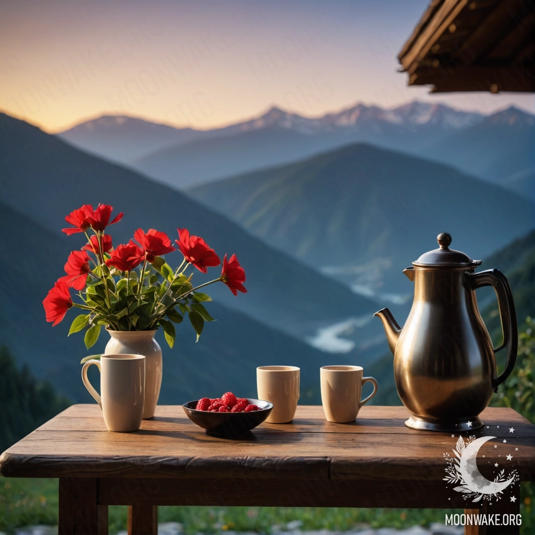 Cozy Night Table with Flowers and Coffee A beautiful wooden table set against a mountain backdrop at night, featuring a jar of red flowers, a coffee pot, and cups.