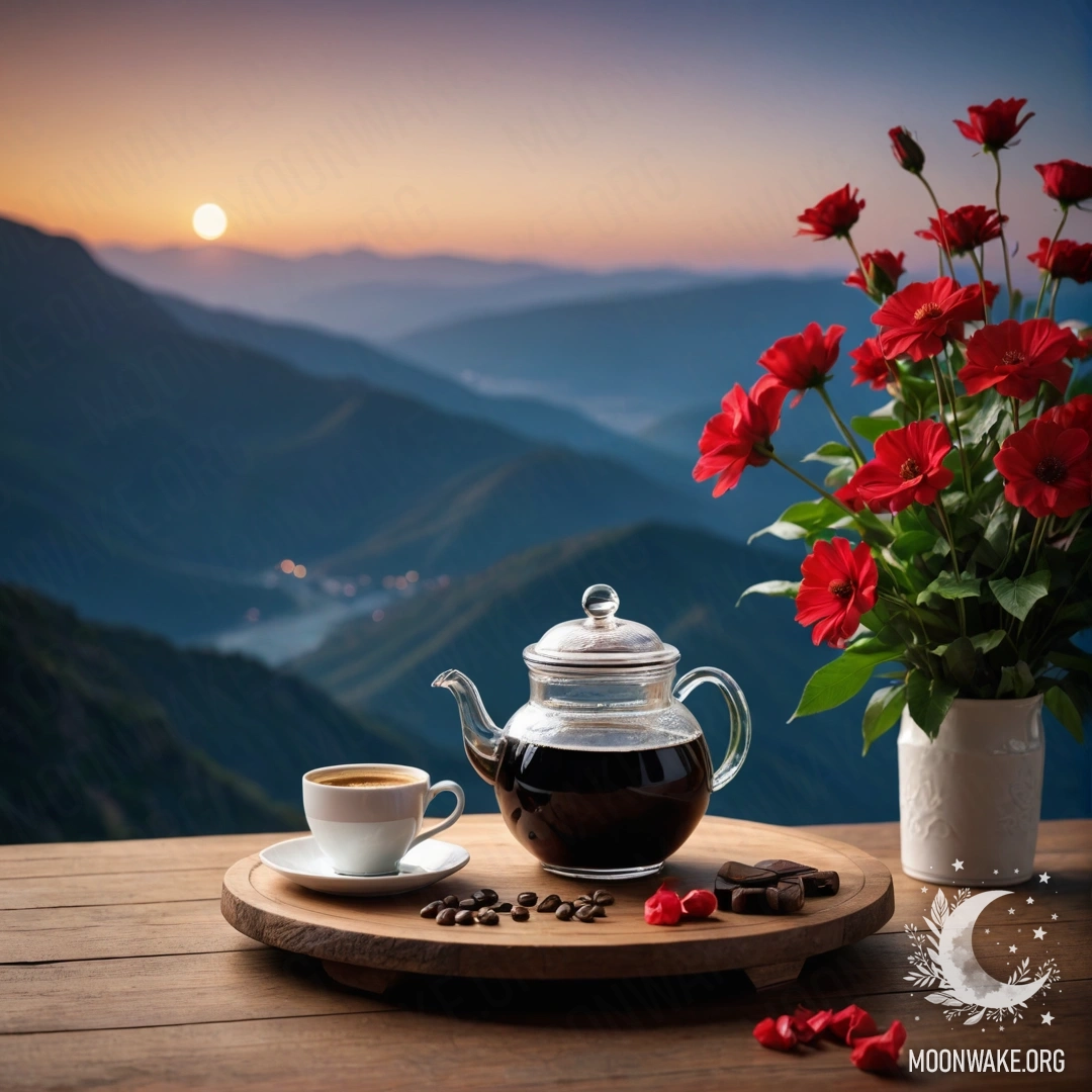 Cozy Night Table with Flowers and Coffee A wooden table set with a coffee pot, cups, and a jar of red flowers against the backdrop of mountains at night.