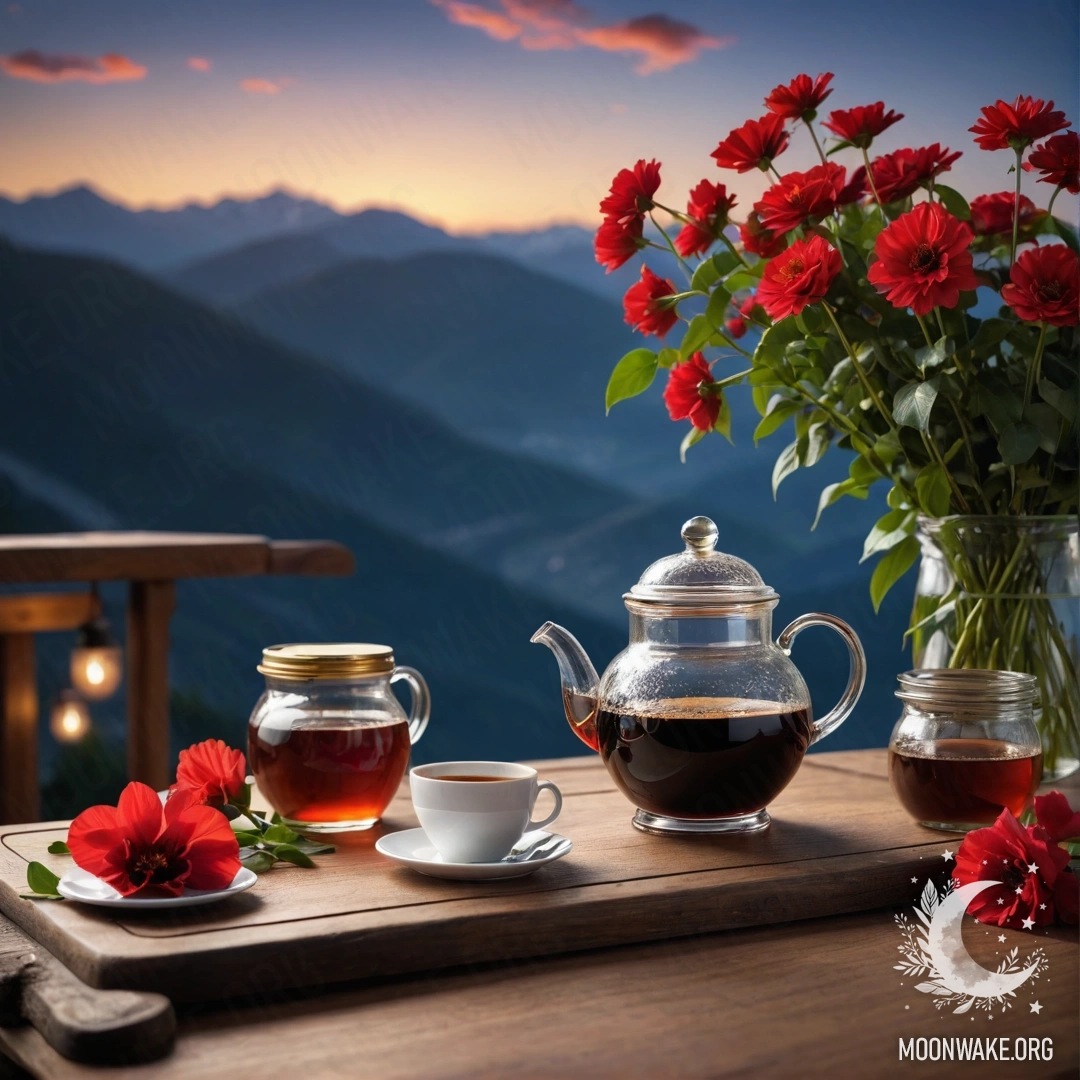 A sweet wooden table with a jar of red flowers, a coffee pot and cups against a mountain background at night.