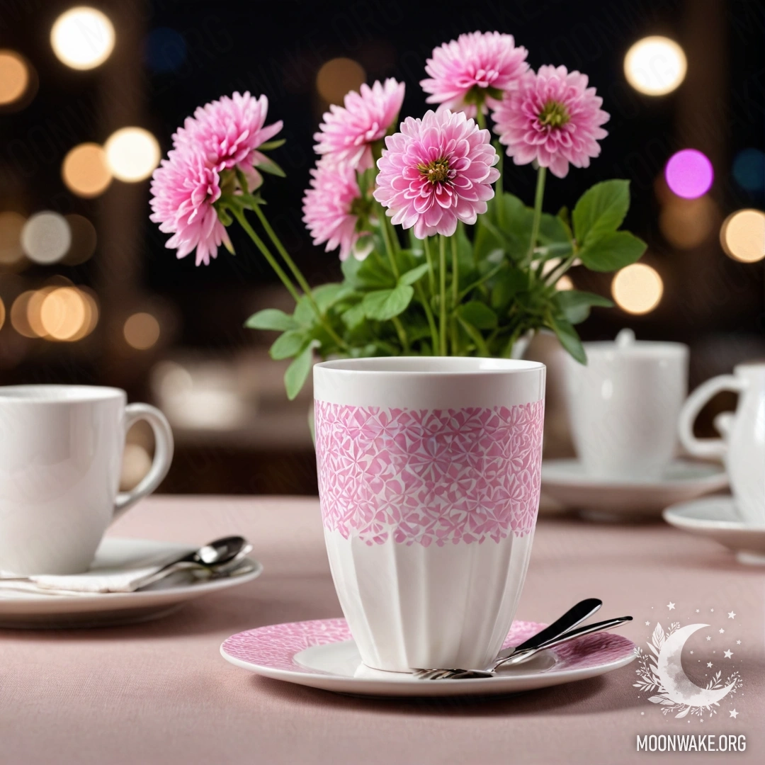 Cozy Night Tea Setup A cozy scene with white porcelain cups and clover in a vase at night.