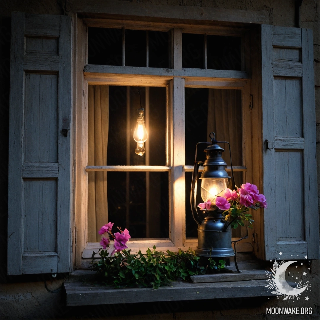 A shabby wooden window at night adorned with pink flowers and a kerosene lamp.