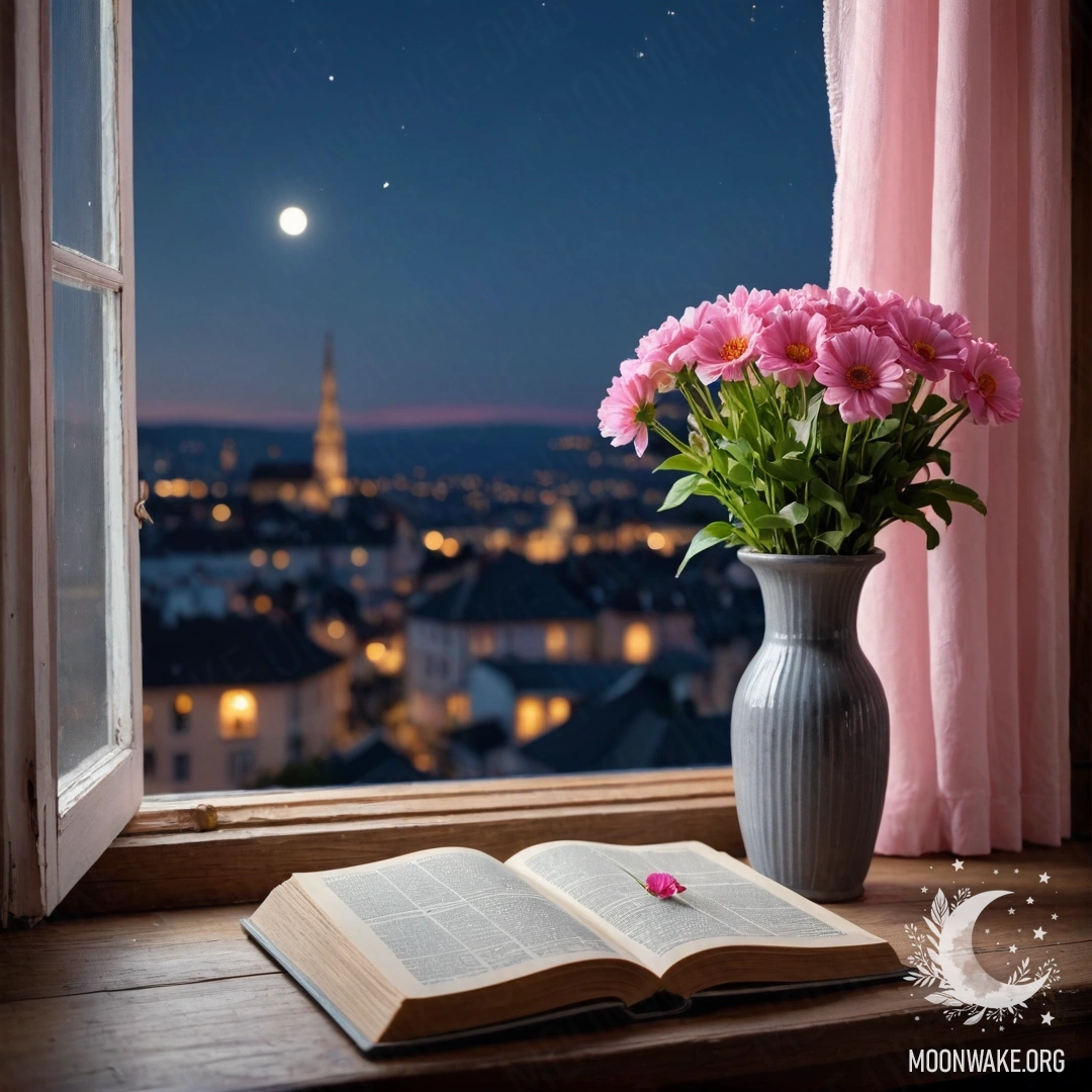 An old shabby book and a gray vase with pink flowers on a wooden window sill beneath a pink curtain at night.
