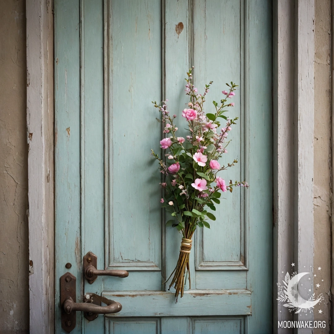 A cozy scene with a chair against a shabby wall, covered with a blanket and adorned with a bouquet of flowers at night.