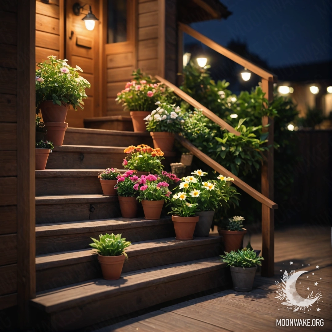 Cozy Night on the Wooden Staircase A wooden staircase adorned with flowerpots during nighttime.