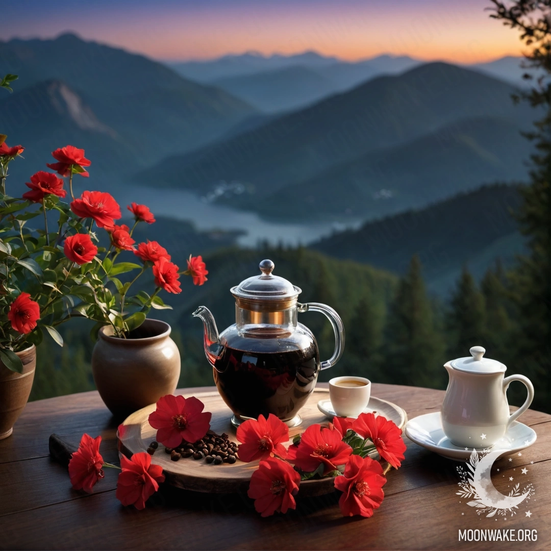 Cozy Night on a Wooden Table with Flowers A wooden table at night with red flowers, a coffee pot and cups, set against mountains.