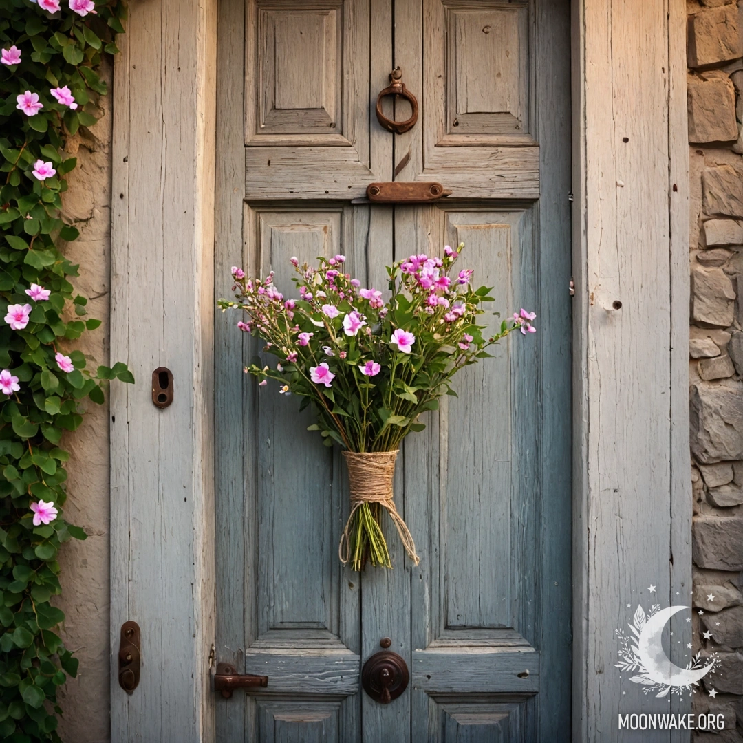 A cozy chair with a blanket and a bouquet of flowers on it, set against a shabby wall at night.